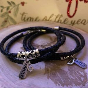 Black Braided Leather Bracelets with Silver Tone Custom Charms
